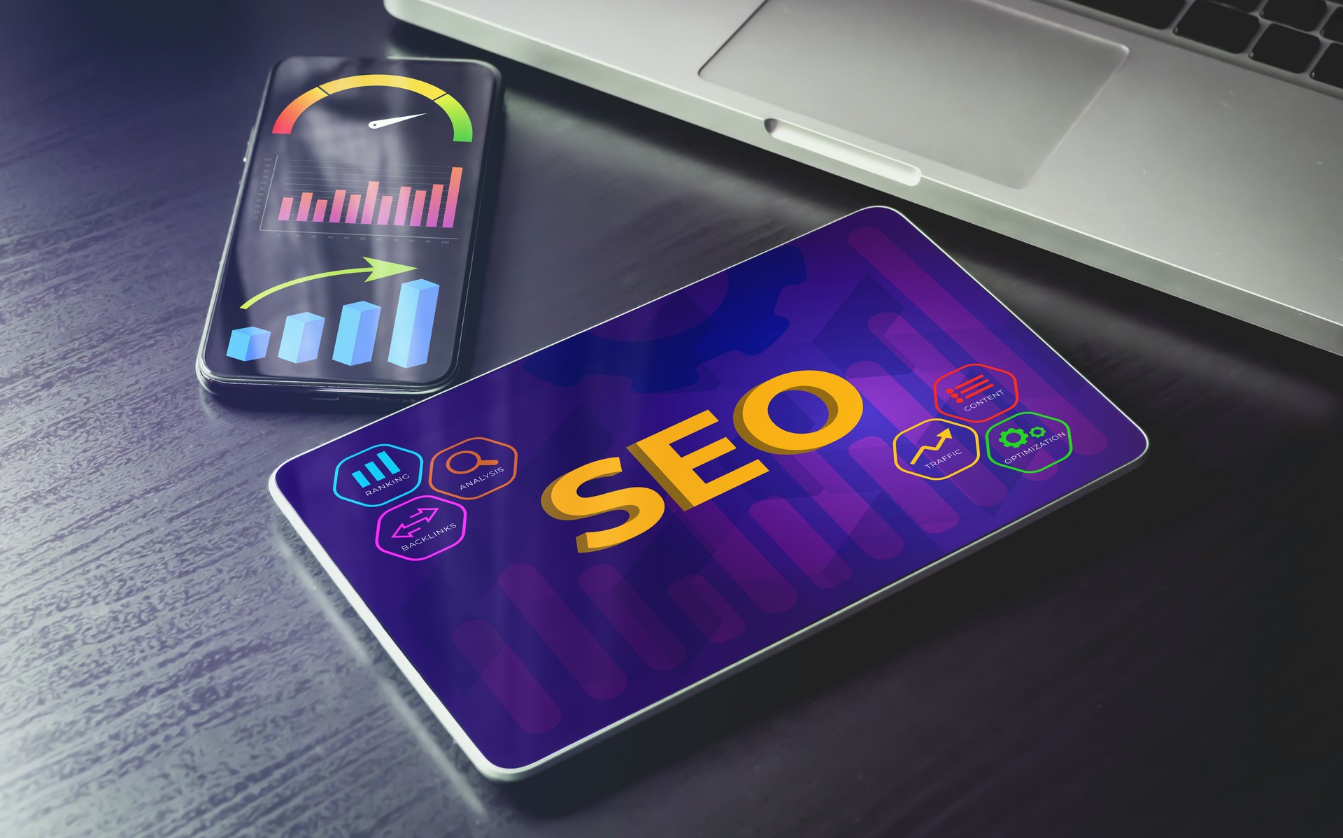 SEO, Search Engine Optimization concept. Digital Business Internet Marketing. Search engine result, page speed and ranking optimization. On-page seo, keyword research, optimize content and meta tags